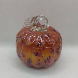 Anthropologie Orange Glass Pumpkin Candle Jar with Purple Floral Accents
